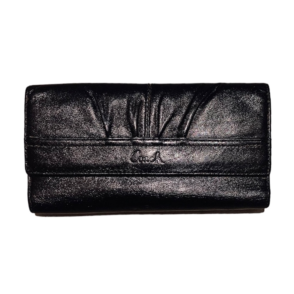 COACH Ashley Pleated Tri-Fold Wallet in Black High-Gloss Leather. Pristine.